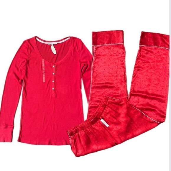 Victorias Secret Silky Satin thick pants & soft Ribbed top pajama set red - Picture 3 of 6